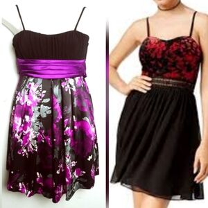 BCX Floral Dress Black Purple Spaghetti Strap Tie Back Waistband Size 9 Junior
